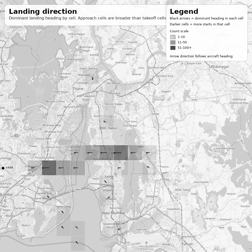 Landing direction map for Mumbai airport