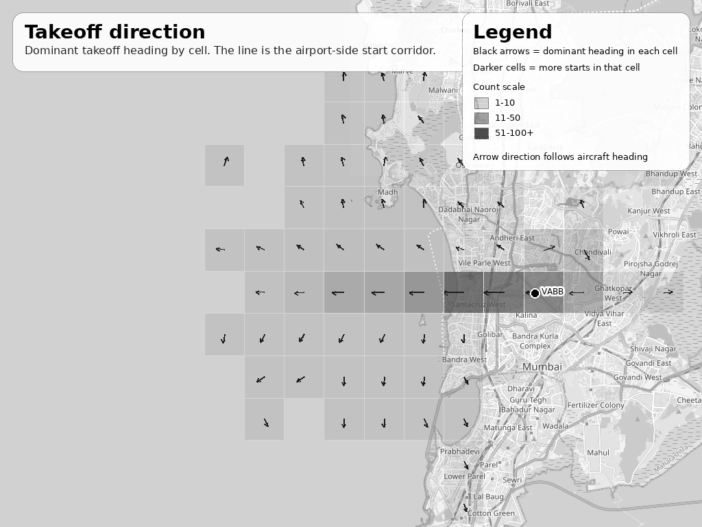 Takeoff direction map for Mumbai airport